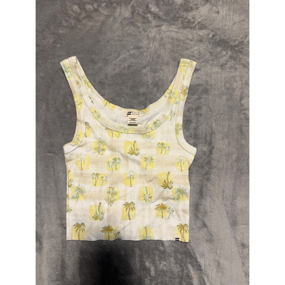 Billabong Tank Top Women XS White Yellow Palm Tree Print Ribbed Scoop Neck Crop